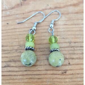 Silver Green Jasper Unakite Semi Precious Stone Bead Dangle Drop Hook Earrings